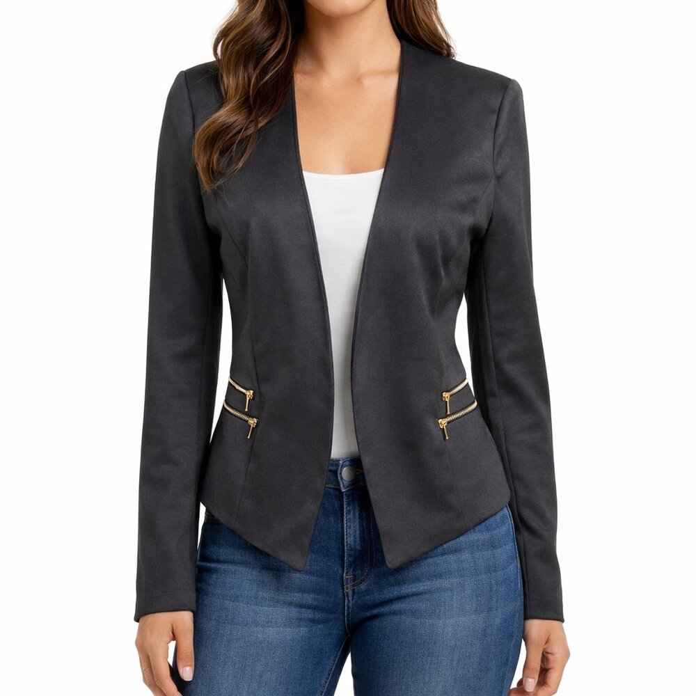 Shinestar Black Moto Open Front Blazer Gold Double Zipper Pocket Detail Size L